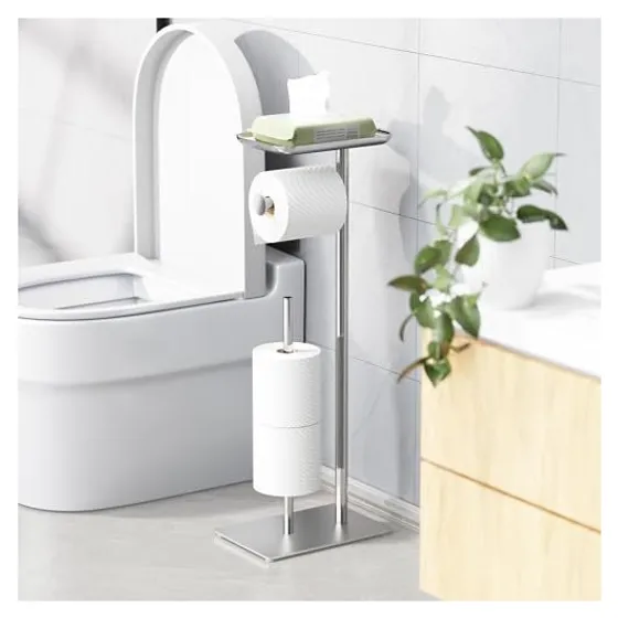 Josmimic Toilet Paper Stand with Top Shelf — Silver