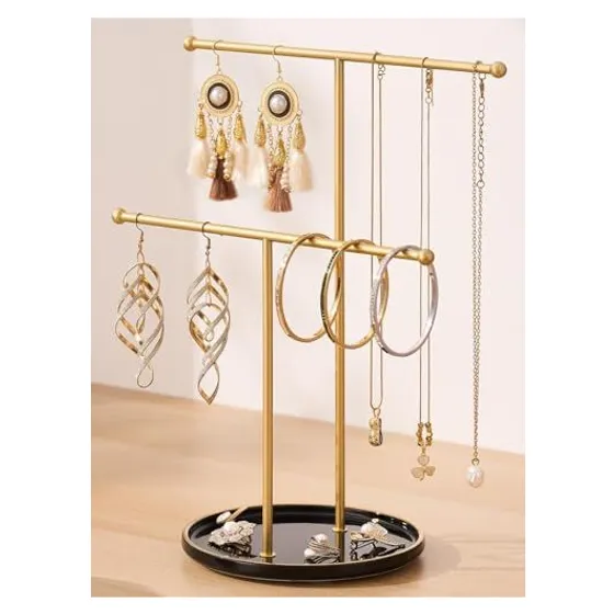 Josmimic Jewelry Stand with Ceramic Tray — Gold bar, black base