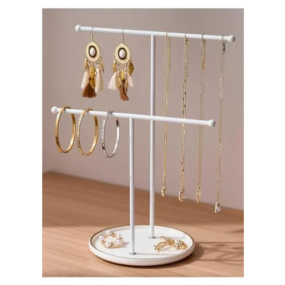 Josmimic Jewelry Stand with Ceramic Tray — White